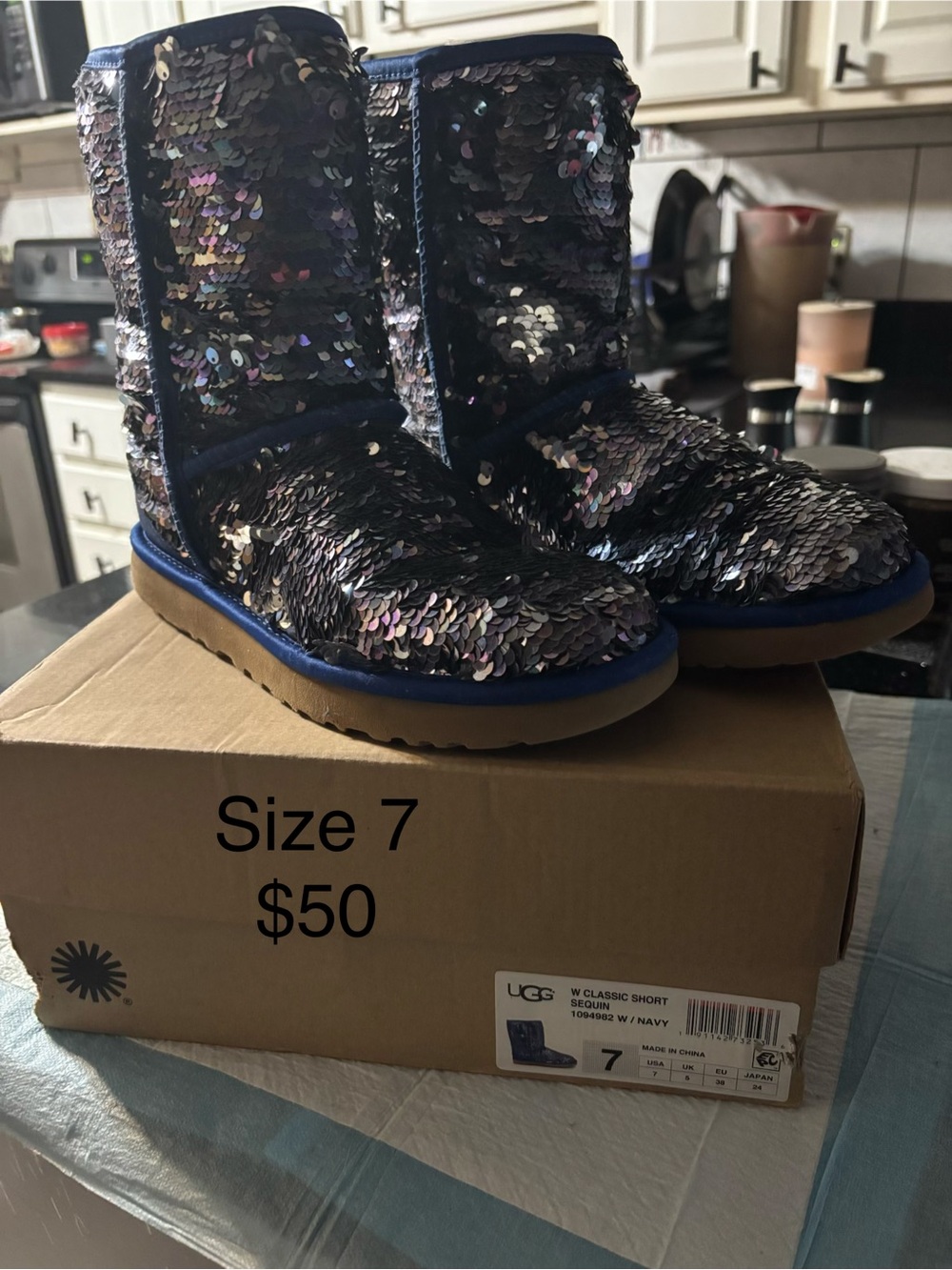 UGG Kids Navy Sequin Classic Short Boot